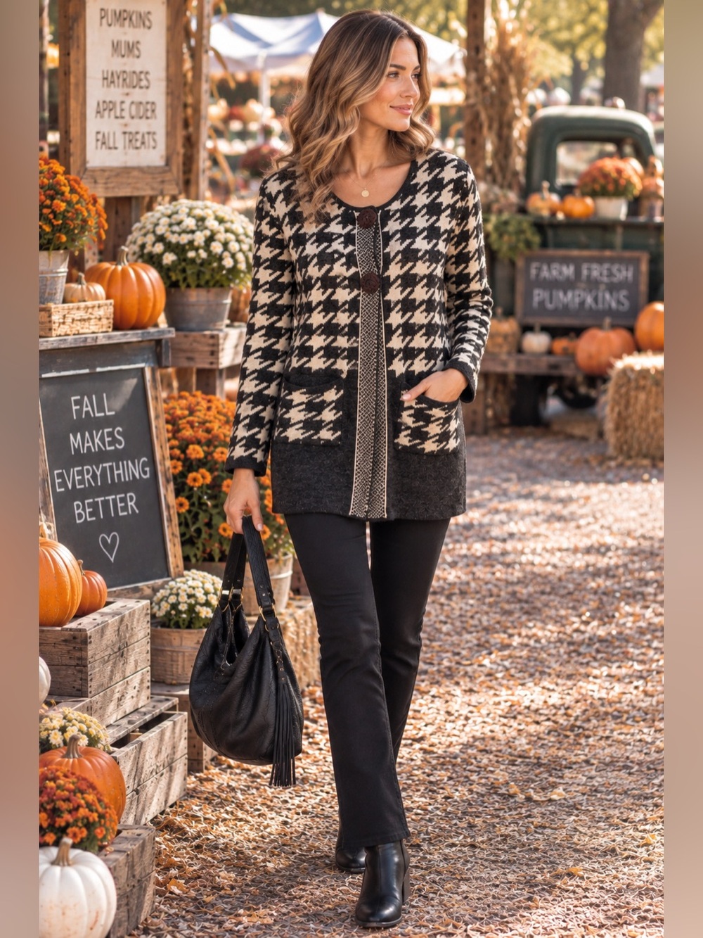 Nicole Alexander Houndstooth Long Cardigan Sweater Black Ivory Size S